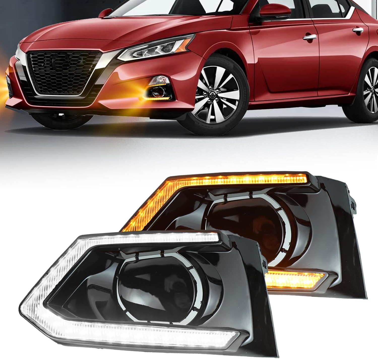 Switchback White/Amber LED Front Bumper Fog Light DRL Amber Sequential Turn Signal Feature Compatible with Nissan Altima 2019-2022 Replacement Front Bumper Trim