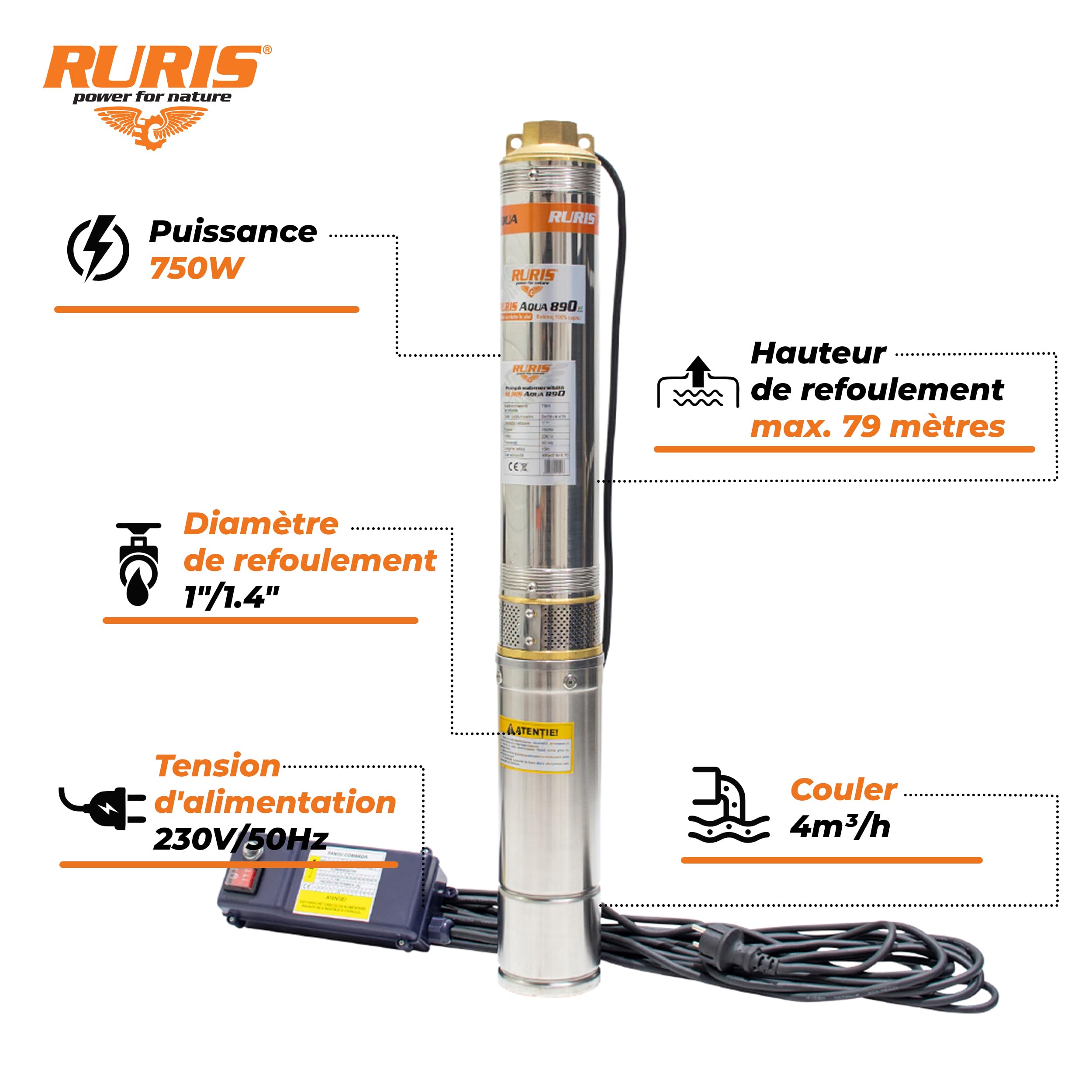 RURIS Bomba sumergible aqua 890 750 W, 1", 4000 l/h, max 79 m, cable 15 m con panel de control