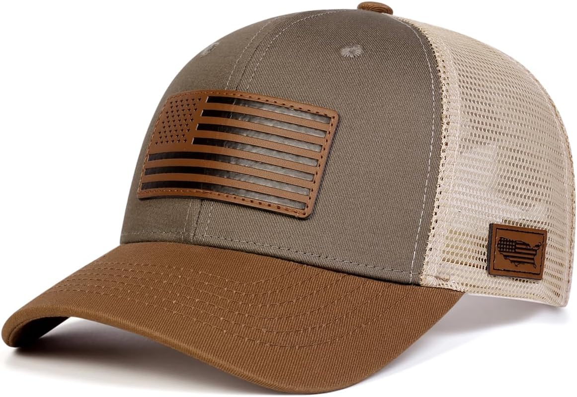 American Flag Hat with Leather Patch, American Flag Trucker Hat， USA Patriotic Mesh Hats for Men Women