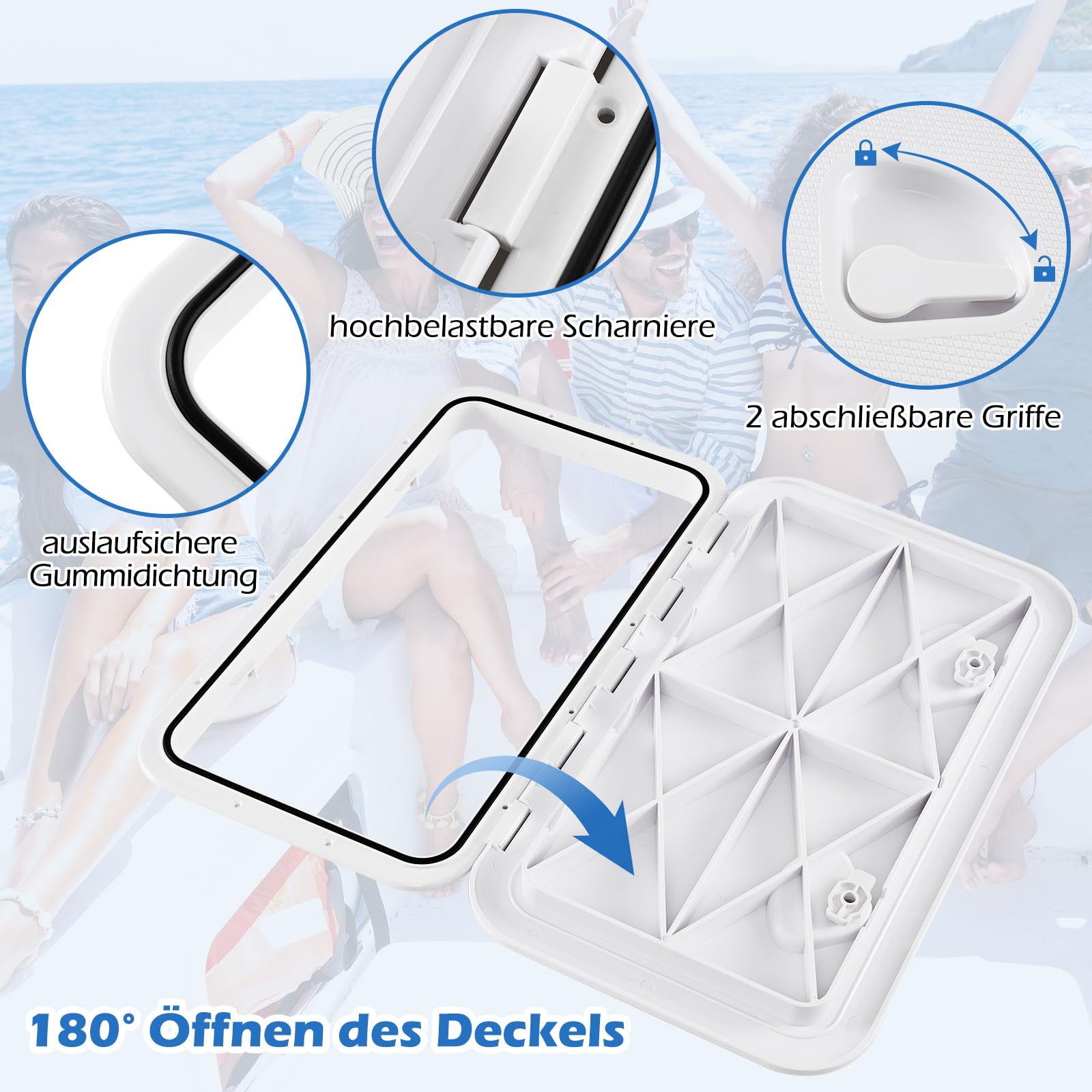 COSTWAY Bootsluke 60,5x35,5 cm, Inspektionsluke mit 180° Öffnungswinkel, Scharnier und Rutschfester Oberfläche, rechteckige und wetterfeste Decksluke für Boot, Yacht, Wohnmobil