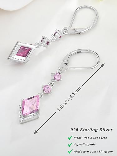 Miniatura 5 de Aretes colgantes de plata de ley 925 para mujer, rombo con circonita cúbica, piedra natal, aretes de palanca para aniversario, día de San Valentín,