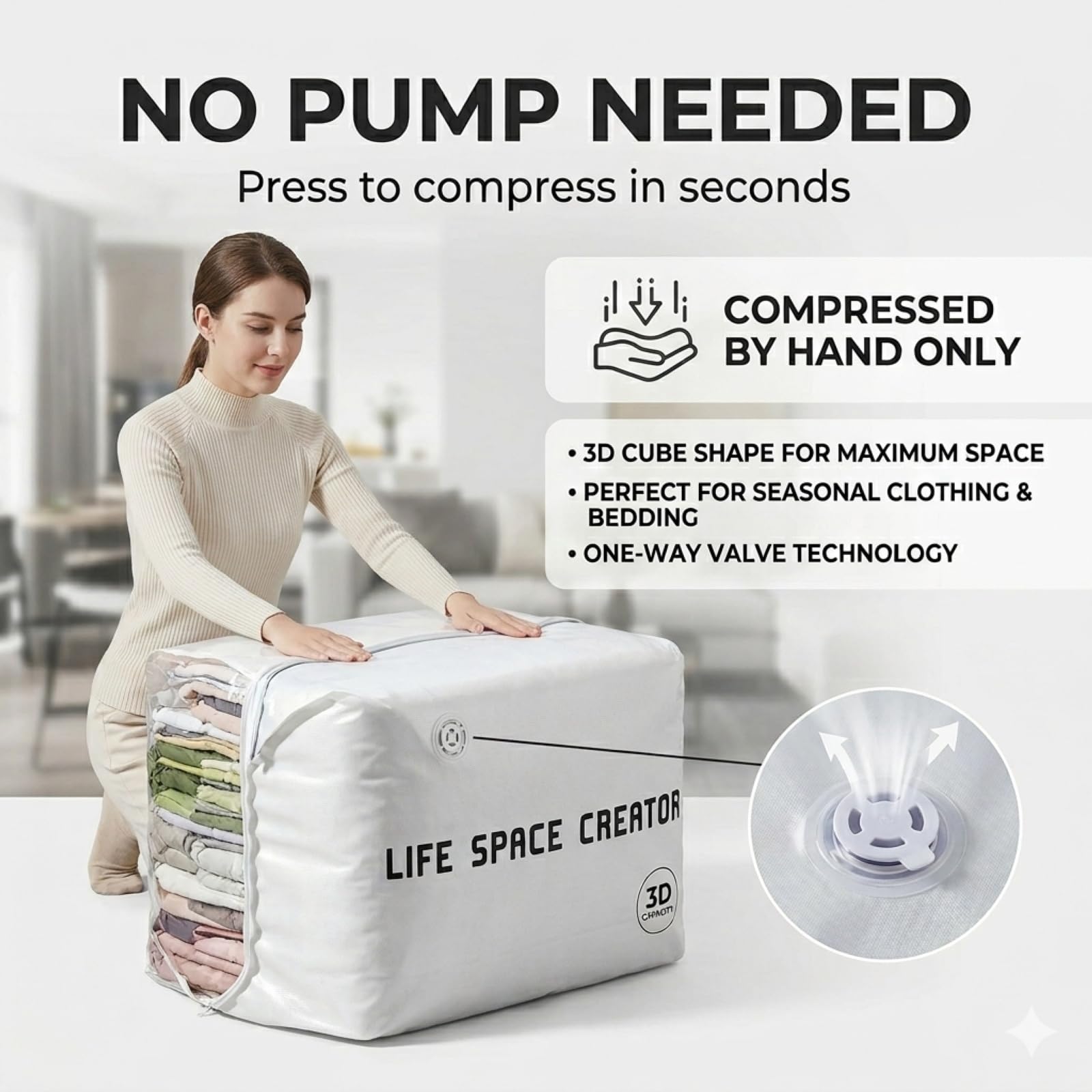 Bolsas de vacío 3D sin bomba, bolsas de almacenamiento de compresión herméticas para ropa, bolsa de compresión resistente de gran capacidad para almacenamiento de ropa de cama, almacenamiento al vacío