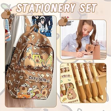 SWZY Capybara Backpack School Bag with Stationery Set 8pcs, Cartoon Animal Large Capacity Backpack,Kawaii 2 in 1 Stand Up Pen Holder Pouch,Kapibara Erasable Pen Keychain Stationery Supplies for Kids
