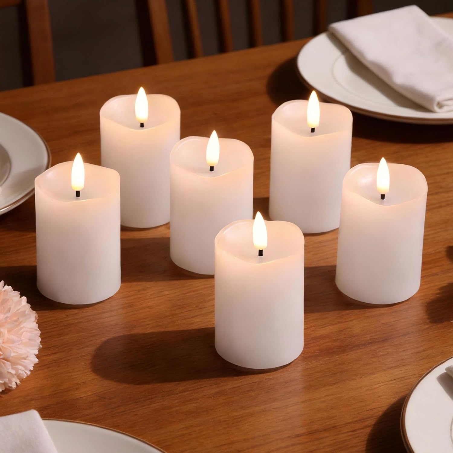 White Flameless Votive Candles with Remote Batteries, 2x3 inch Small LED Wax Pillar Candles Flickering Set of 6
