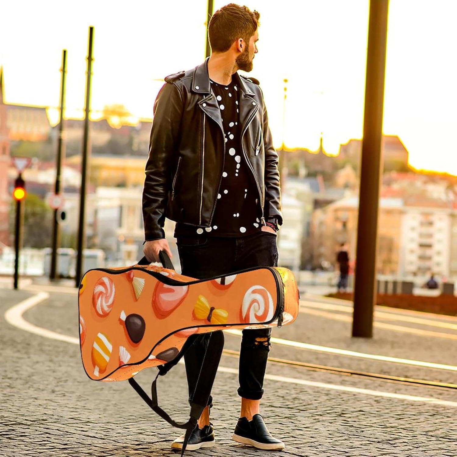 40 41 42 Inch Acoustic Guitar Bag, 0.4 In Thick Sponge Padded Guitar Case Gig Bag with Back Hanger Loop and 2 Pockets, Seamless Halloween Candies