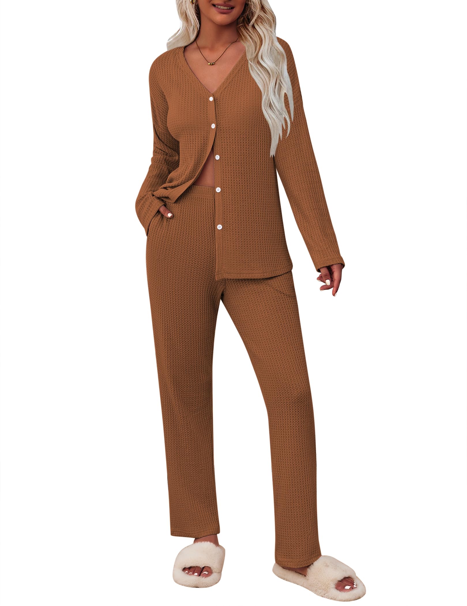 ACEVOG 2 Piece Waffle Knit Pajamas For Women Lounge Sets Long Sleeve Button Down Pajama Sets with Pockets