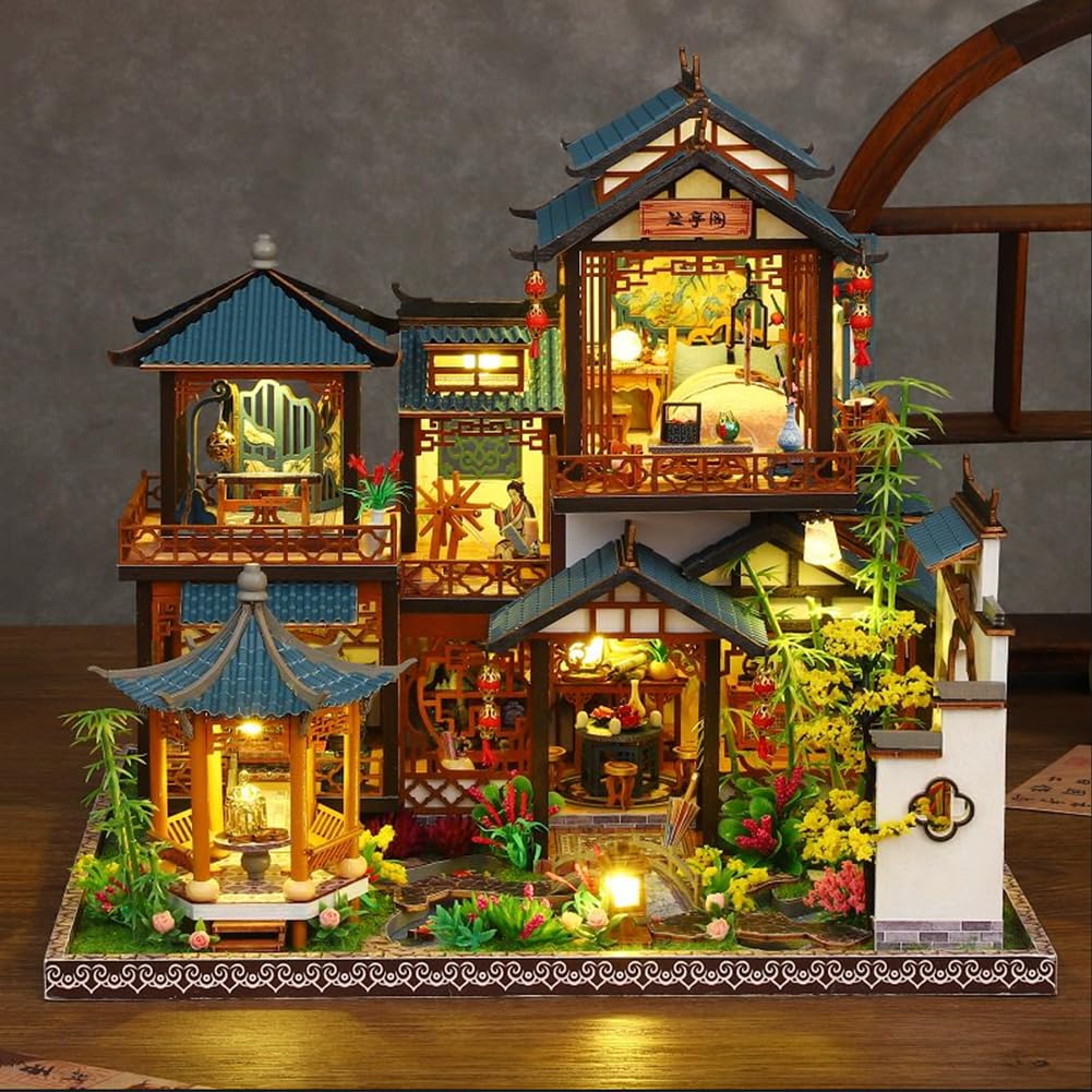Kit de casa de muñecas montada de madera 3D en miniatura, estilo chino, para patio, con creatividad musical, regalo de cumpleaños de Halloween (con cubierta antipolvo)