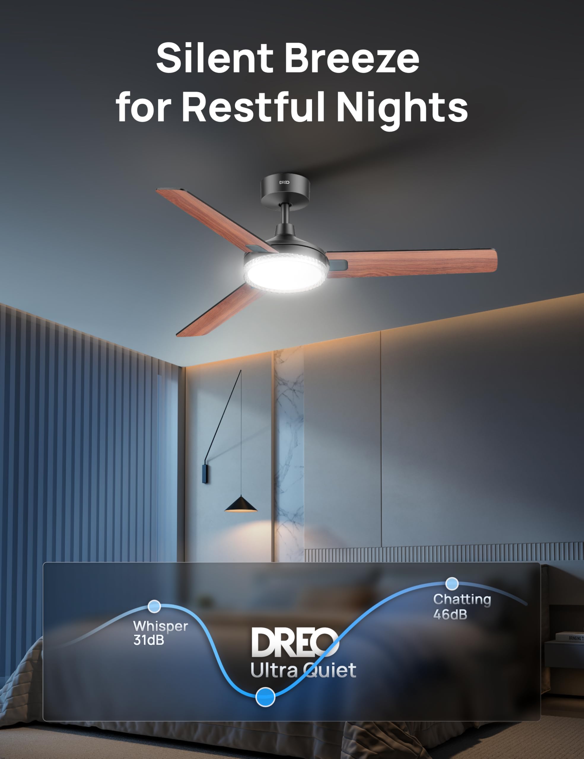 Dreo Inteligentny wentylator sufitowy 132 cm ze światłem, 12 prędkości i 3 trybami, regulowana temperatura, ściemniana dioda LED, timer 1-12 h, cichy silnik prądu stałego, aplikacja, Alexa i