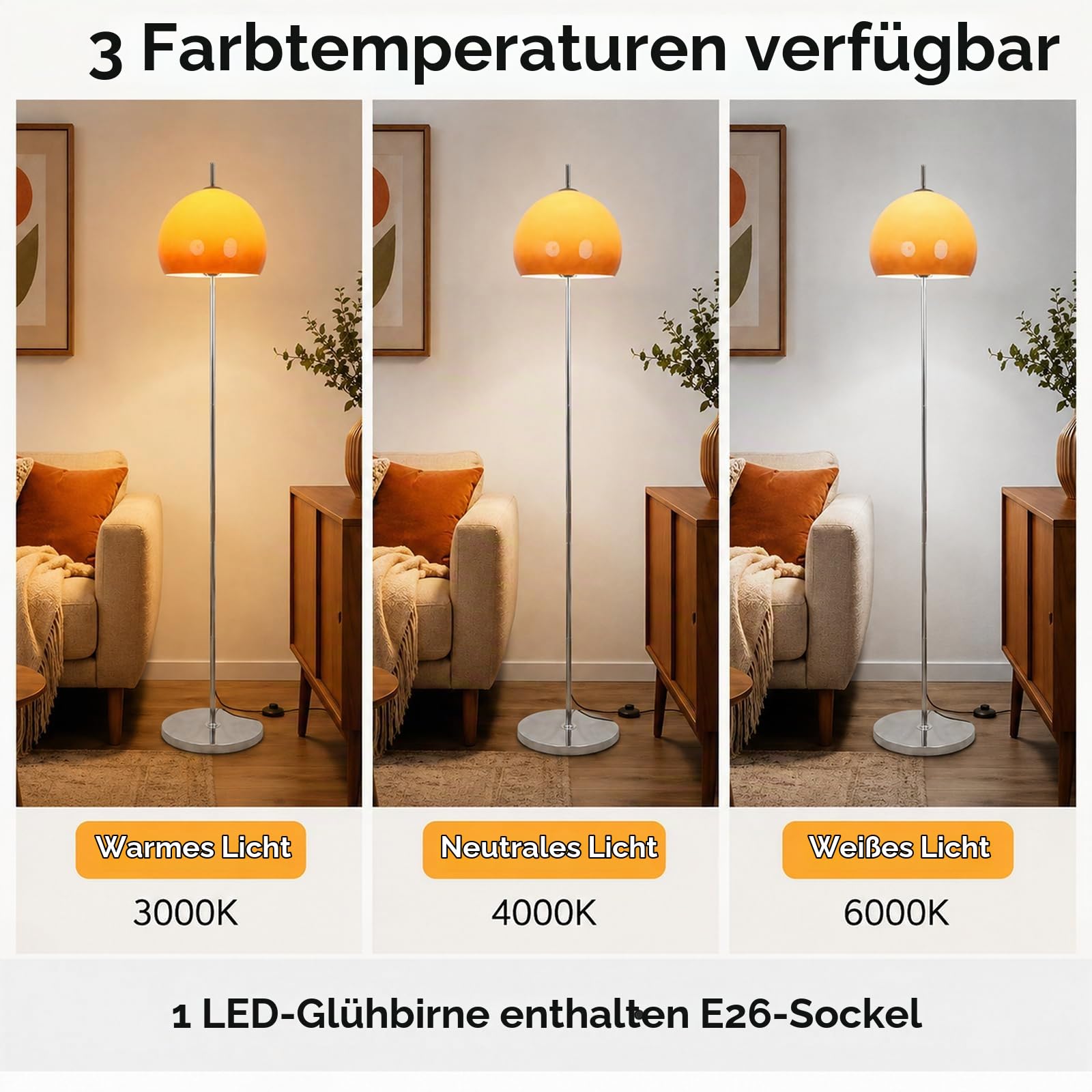 Orangefarbene Pilz-Stehlampe 161 CM Mit Glaskugel Für Wohnzimmer | Mid-Century Modern, Sunset-Glaskugel, E27, 3 Farbtemperaturen, Fußschalter, Hohe Chromstange Für Schlafzimmer Und Büro