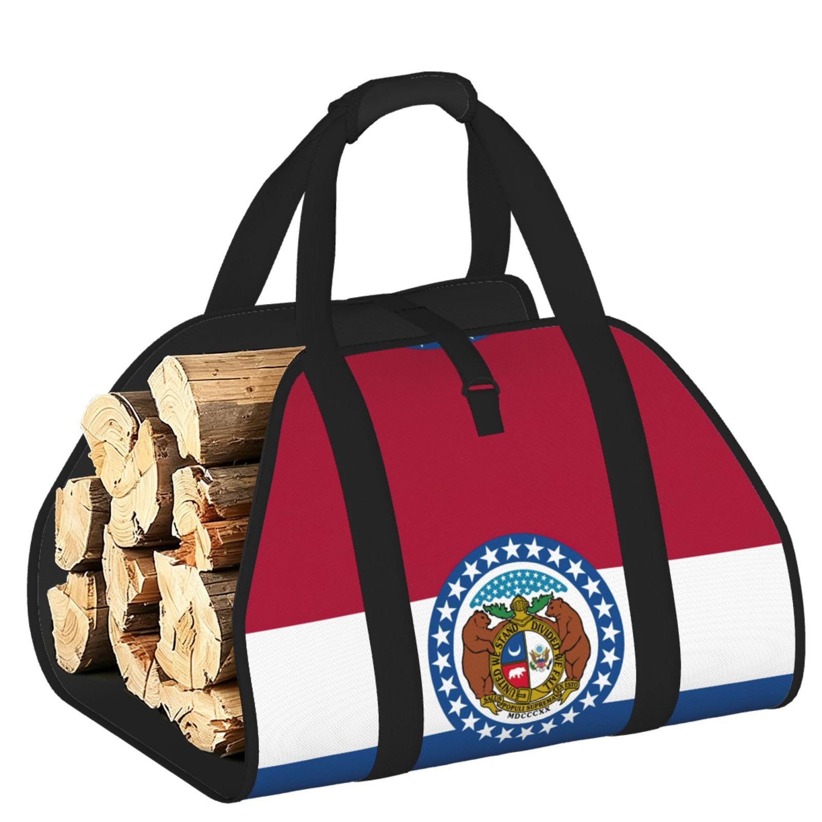 Missouri State Flag Printed Firewood Log Carrier, Large Tote Bag with Reinforced Handles for Camping Fireplace Home