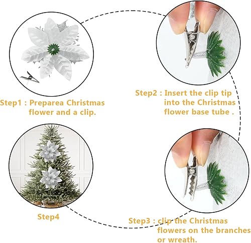 Miniatura 6 de Sawowkuya 15 piezas de flores de Pascua artificiales plateadas con purpurina para decoración de árbol de Navidad, decoración de corona de fiesta de