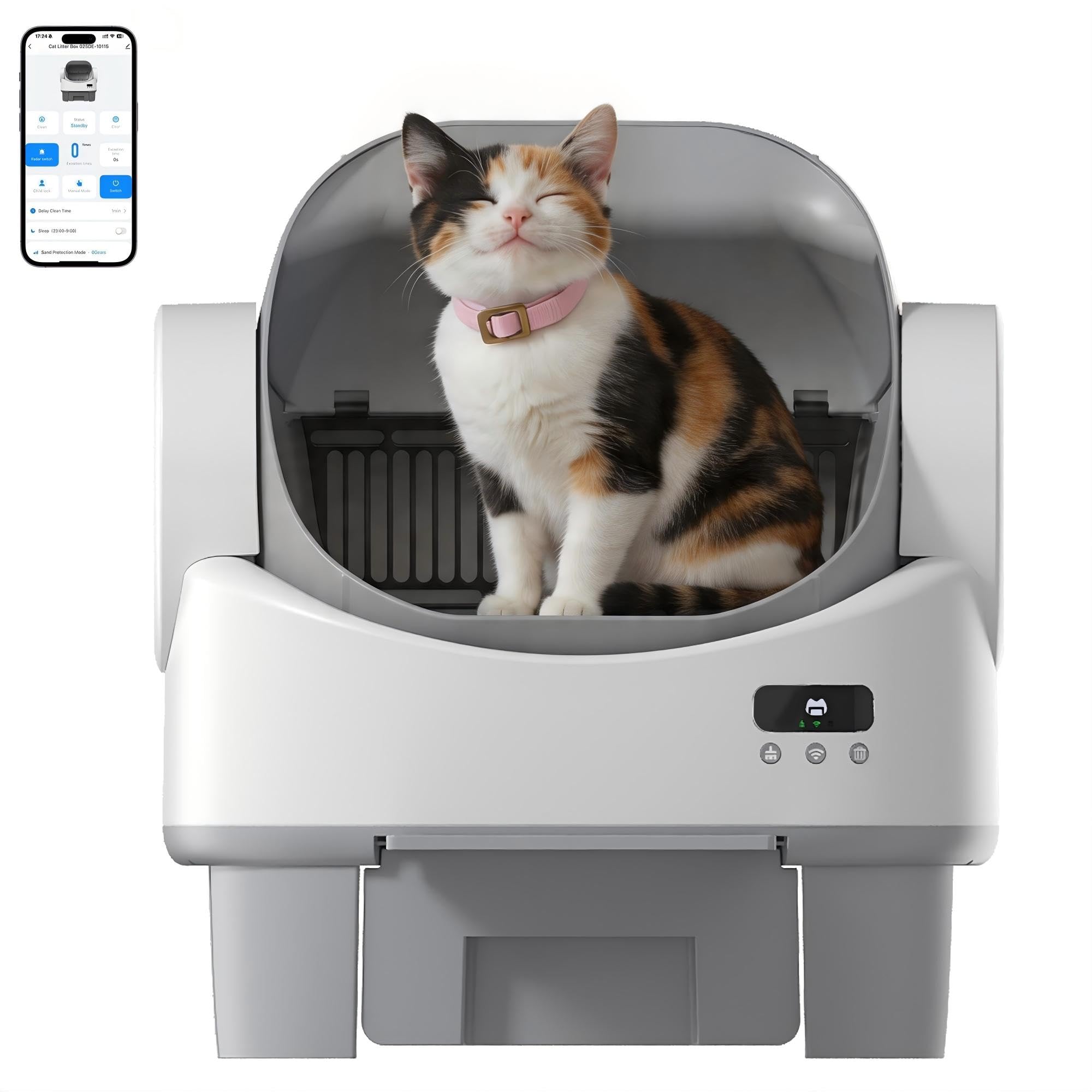 Jummico Large Self-Cleaning Cat Litter Box with Open Design - Smart Litter Box with App Control, Safety Sensors, for Cats up to 10 kg, with Mat and Step