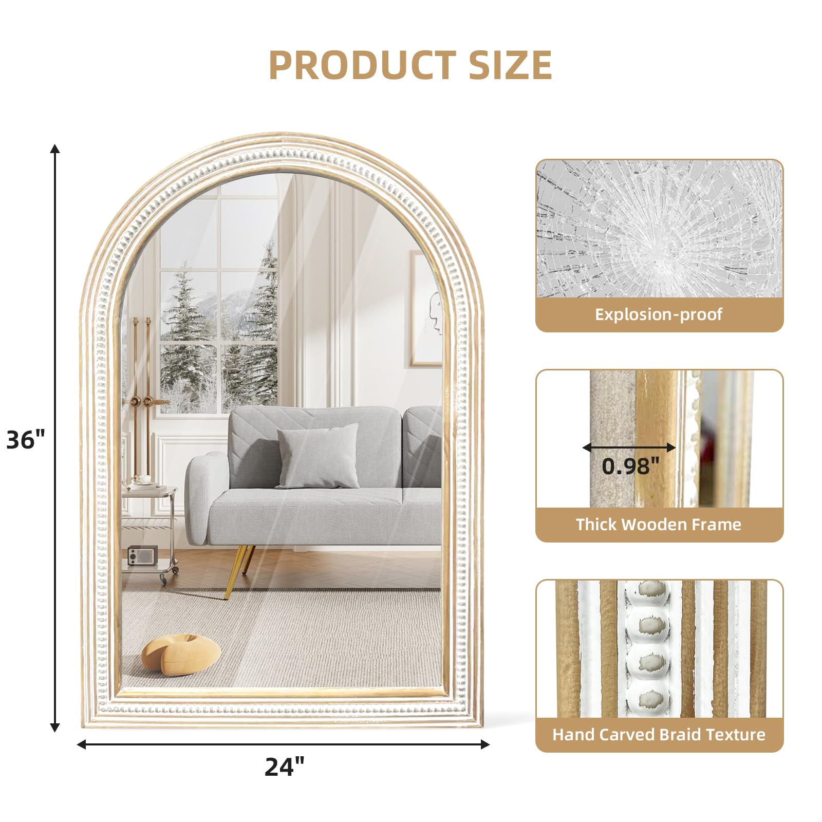 Amazon.co.jp: 木製アーチ型ミラー、36x24インチ アンティーク調アーチ