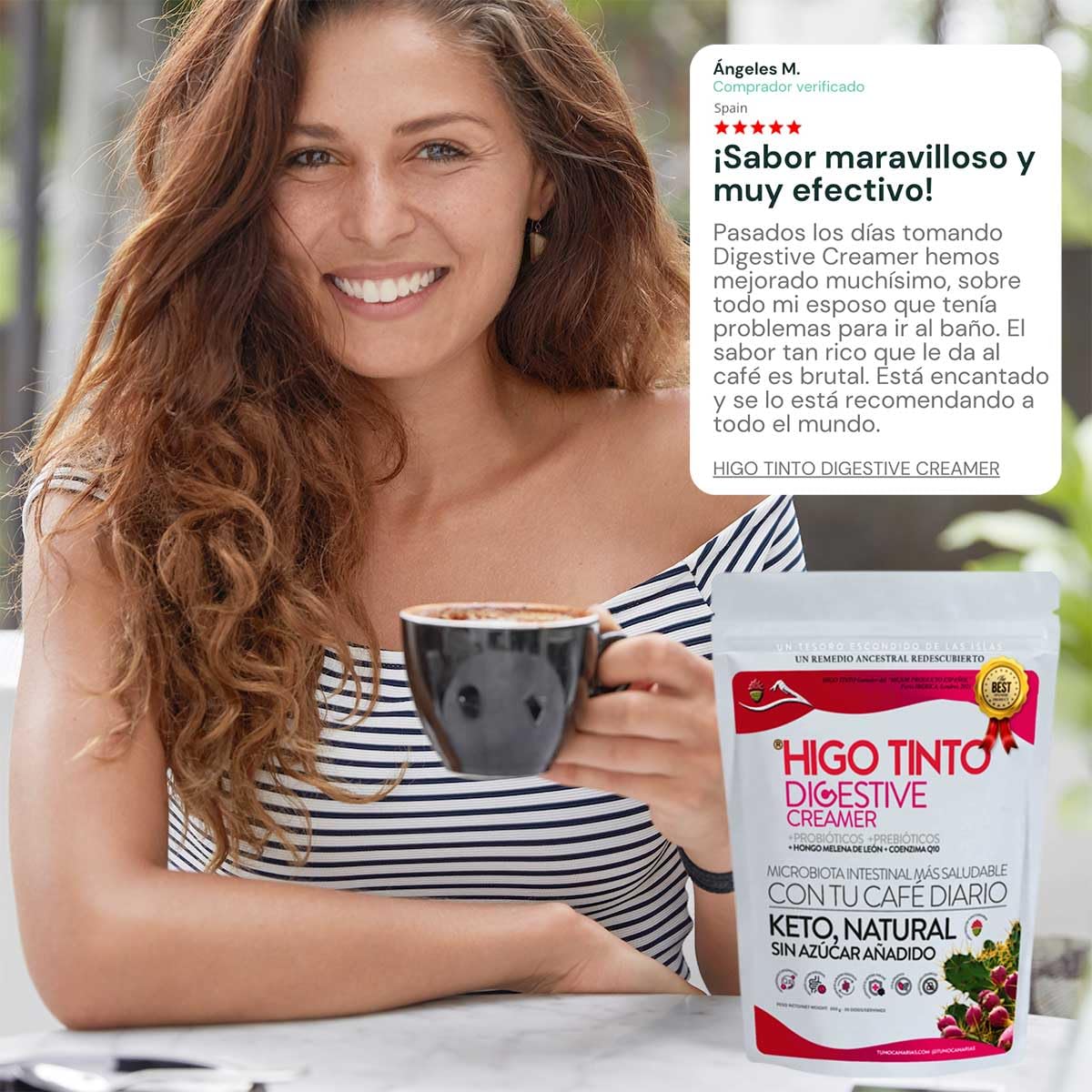 Digestive Creamer Bio Mejora la digestión y el bienestar – Probióticos + Prebióticos + Coenzima Q10 + Hongos funcionales – 300 g – Ideal para café – Sin azúcar – Con HIGO TINTO de Tuno Canarias