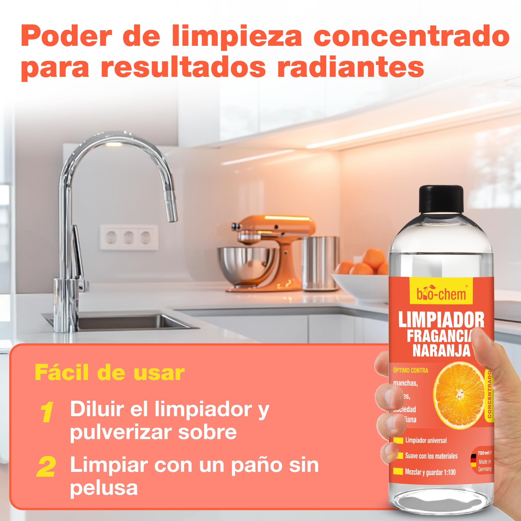 bio-chem Multiusos aroma naranja, 3 x 750 ml + botella mezcladora | Sprays para el cuidado del hogar: productos de limpieza para cocinas, baños, suelos y sofás