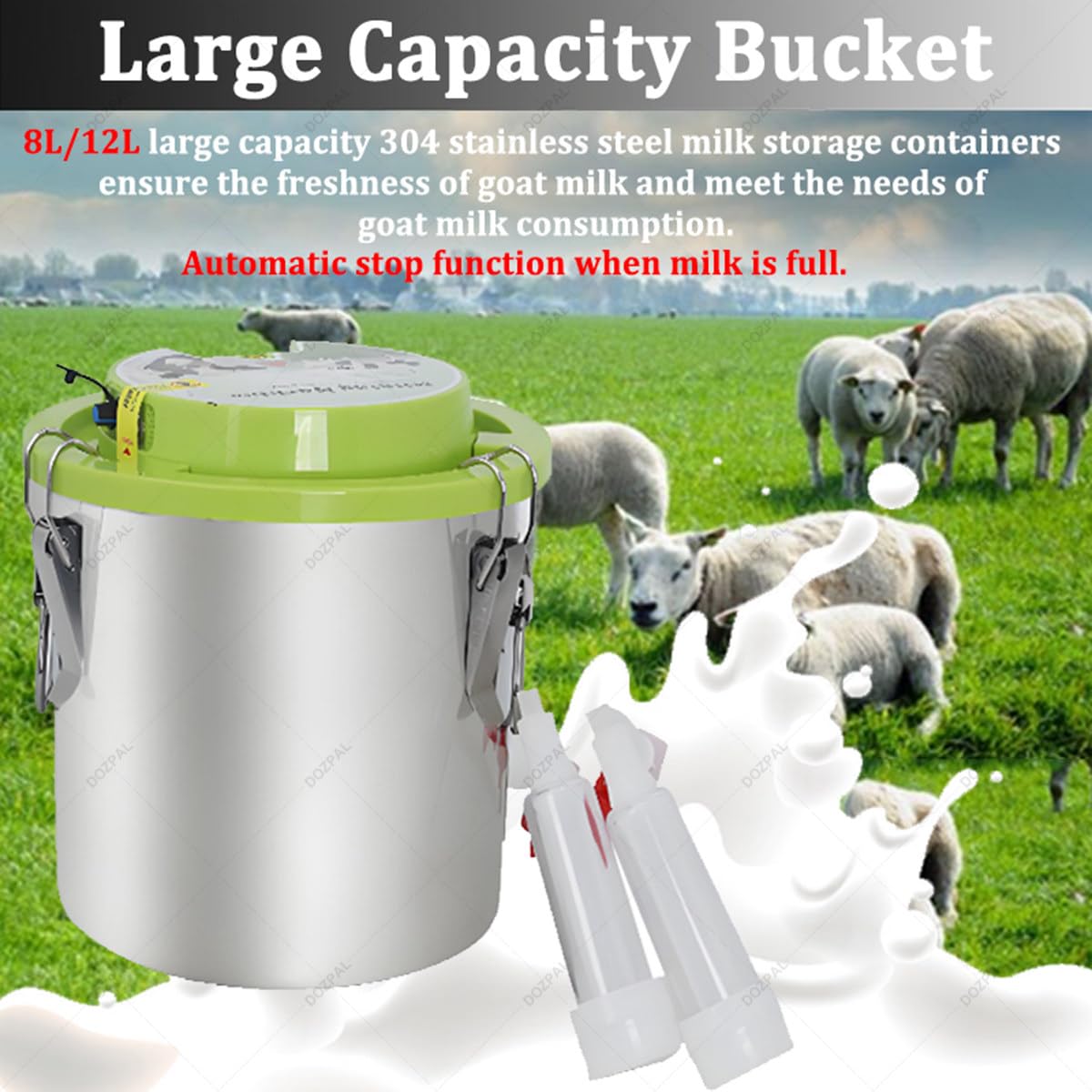Mungitrice Portatile per capre da 8L/12L, Attrezzatura di mungitura Ricaricabile Tutto in Uno per Uso Domestico e agricolo, con Secchio in Acciaio Inox, Arresto Automatico della mungitura 12L