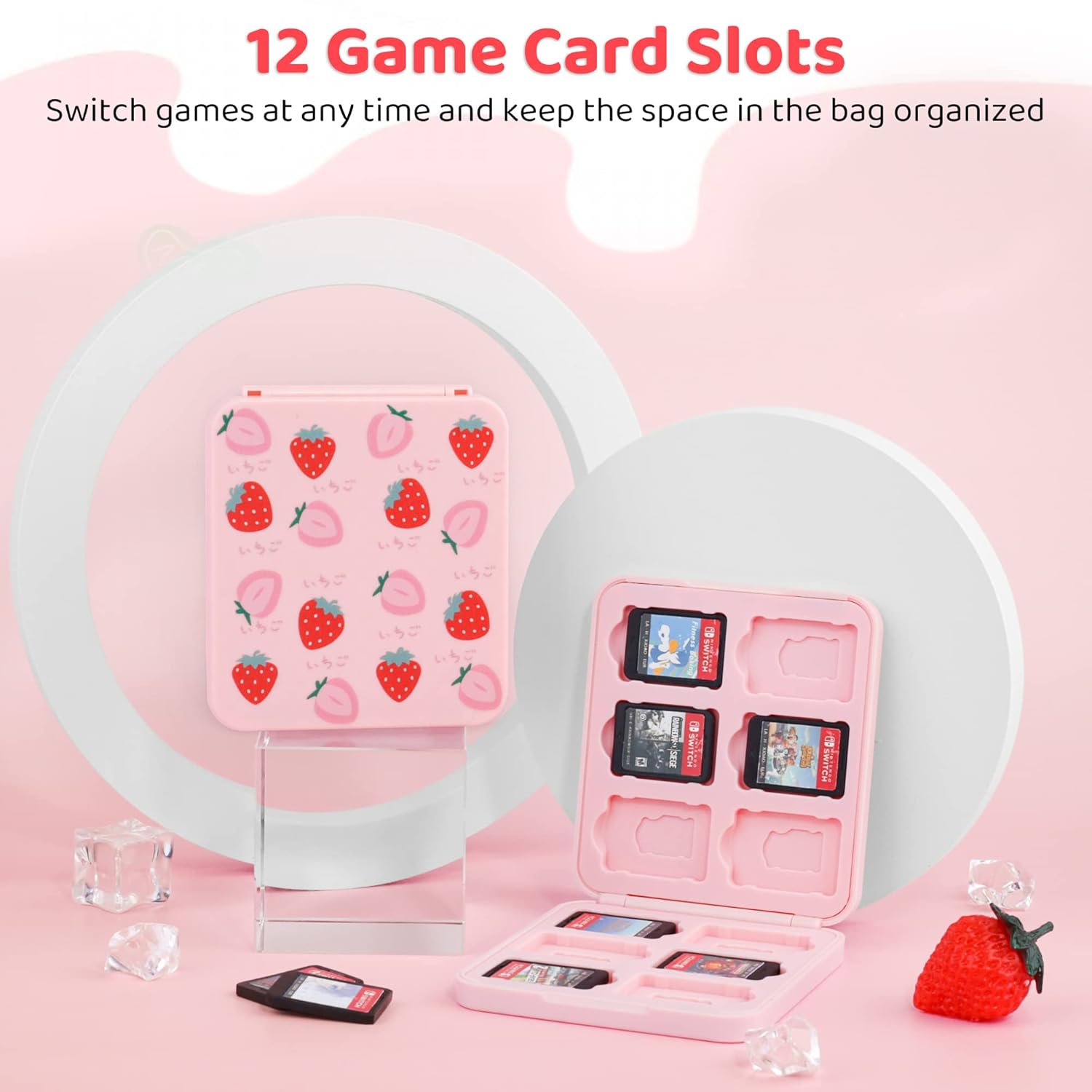 RHOTALL Pink Strawberry Travel Bag for Nintendo Switch/Lite/OLED/2,Large Capacity Portable Carrying Case Compatible for Chest Shoulder Accessories Storage Backpack with 12 Slots Game Case,Thumb Caps - Image 6