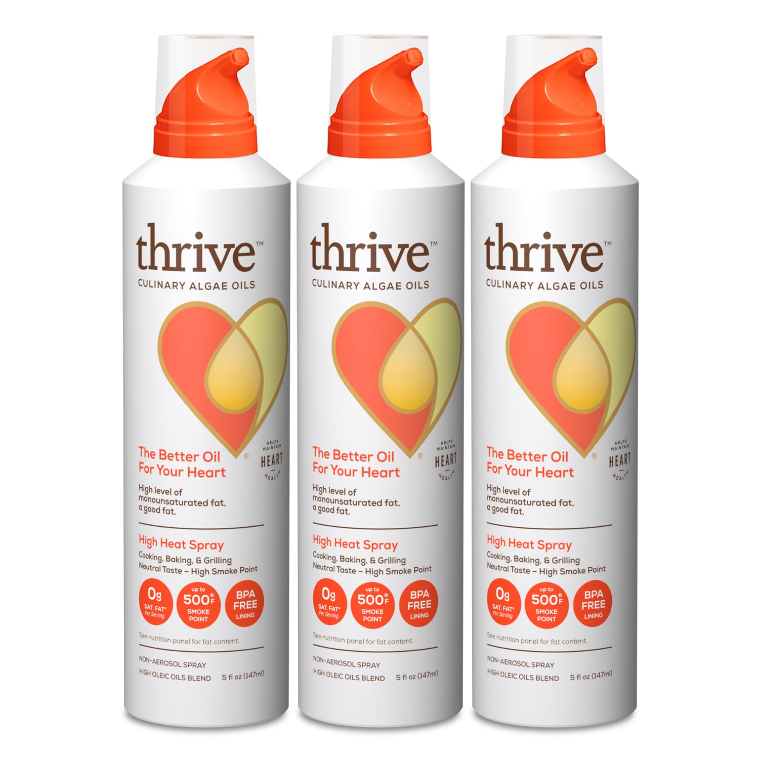 Thrive Cooking Spray – Everyday Algae Oil Culinary Blend High Heat Spray, Heart and Health-Conscious, Rich in Omega-9 Monounsaturated Fat (85%), Low Omega-6, Blended with UltraSun, 5 fl oz, 3 Pack