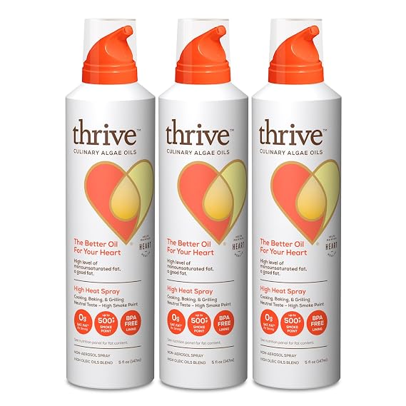 Thrive Cooking Spray Everyday Algae Oil Culinary Blend High Heat Spray, Heart and Health-Conscious, Rich in Omega-9 Monounsaturated Fat (85%), Low Omega-6, Blended with UltraSun, 5 fl oz, 3 Pack