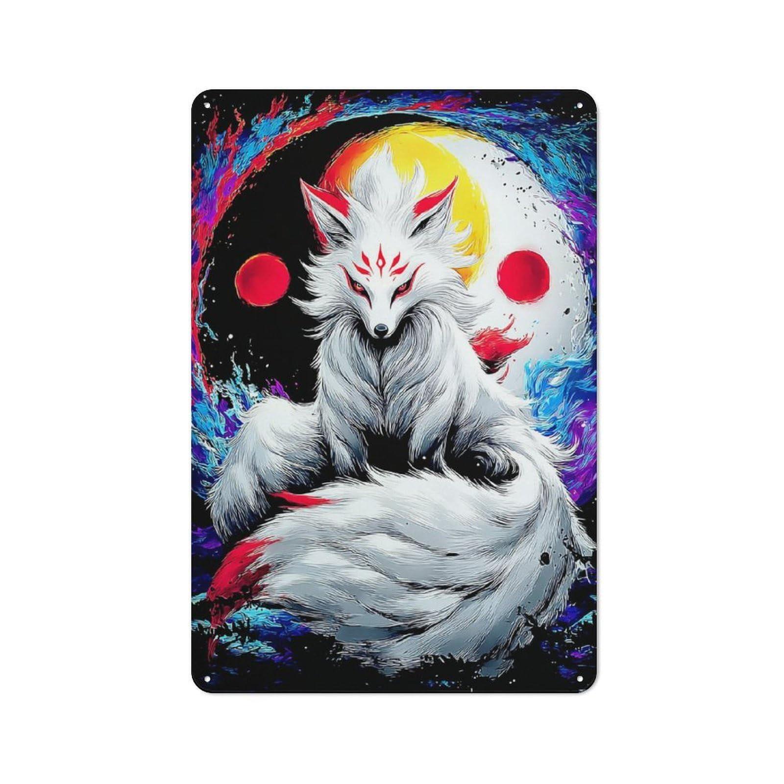 Yin-Yang Fox Spirit Artwork Classic Metal Wall Decor 30x20cm, Decorative Tin Plaque for Cafe, Pub, Workshop Or Home Bar