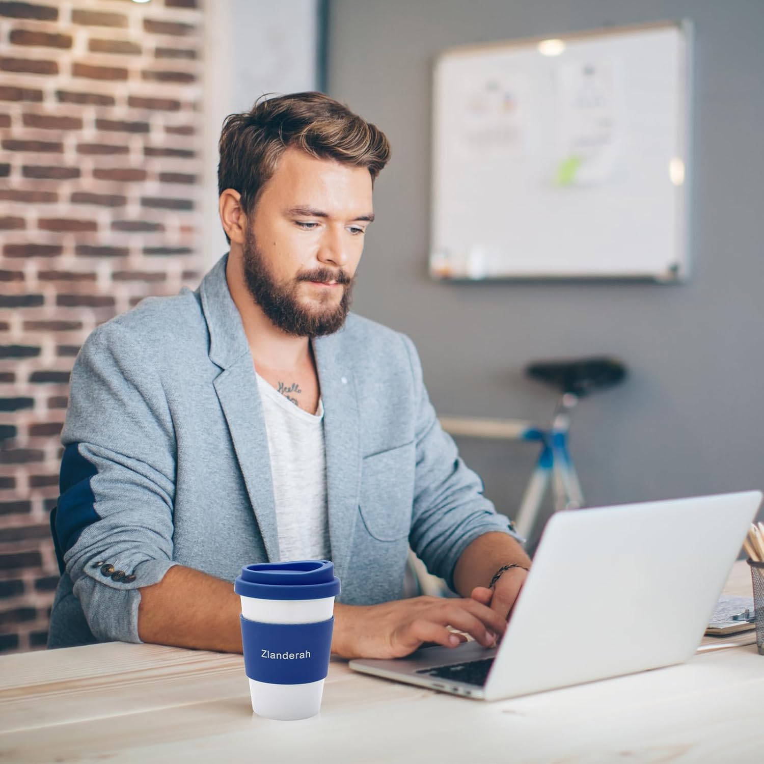 10oz White Ceramic Coffee Travel Mug with Lid and Sleeve, Simple Reusable Porcelain Drinking Cup, Ceramic Coffee Tumbler, Microwave & Dishwasher Safe (blue) - Image 8