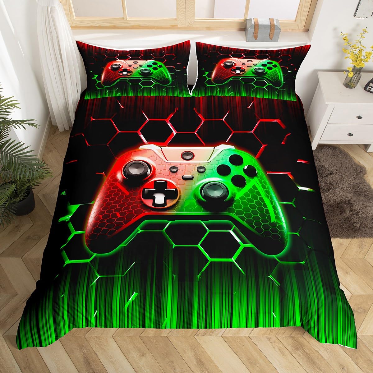 Parure de lit manette de jeu géométrique Manfei avec housse de couette et taies d'oreiller