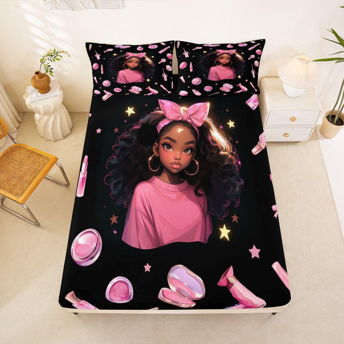 Homewish Prześcieradło z gumką Black Girl King Bowknot z gumką, głęboka kieszeń, 40 cm, zestaw pościeli z gwiazdami, suszarka do włosów, szminka, puder, kompaktowy lakier do paznokci, poszewka na