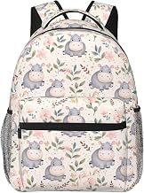 Cute Hippo Floral Backpack with Cushioned Straps for Laptop Tablet,11.4×5.9×15.7in,Flower Animal Back Pack for Travel School Work,Multi-Pocket Storage Bookbag,Ideal Gifts for Teens Women