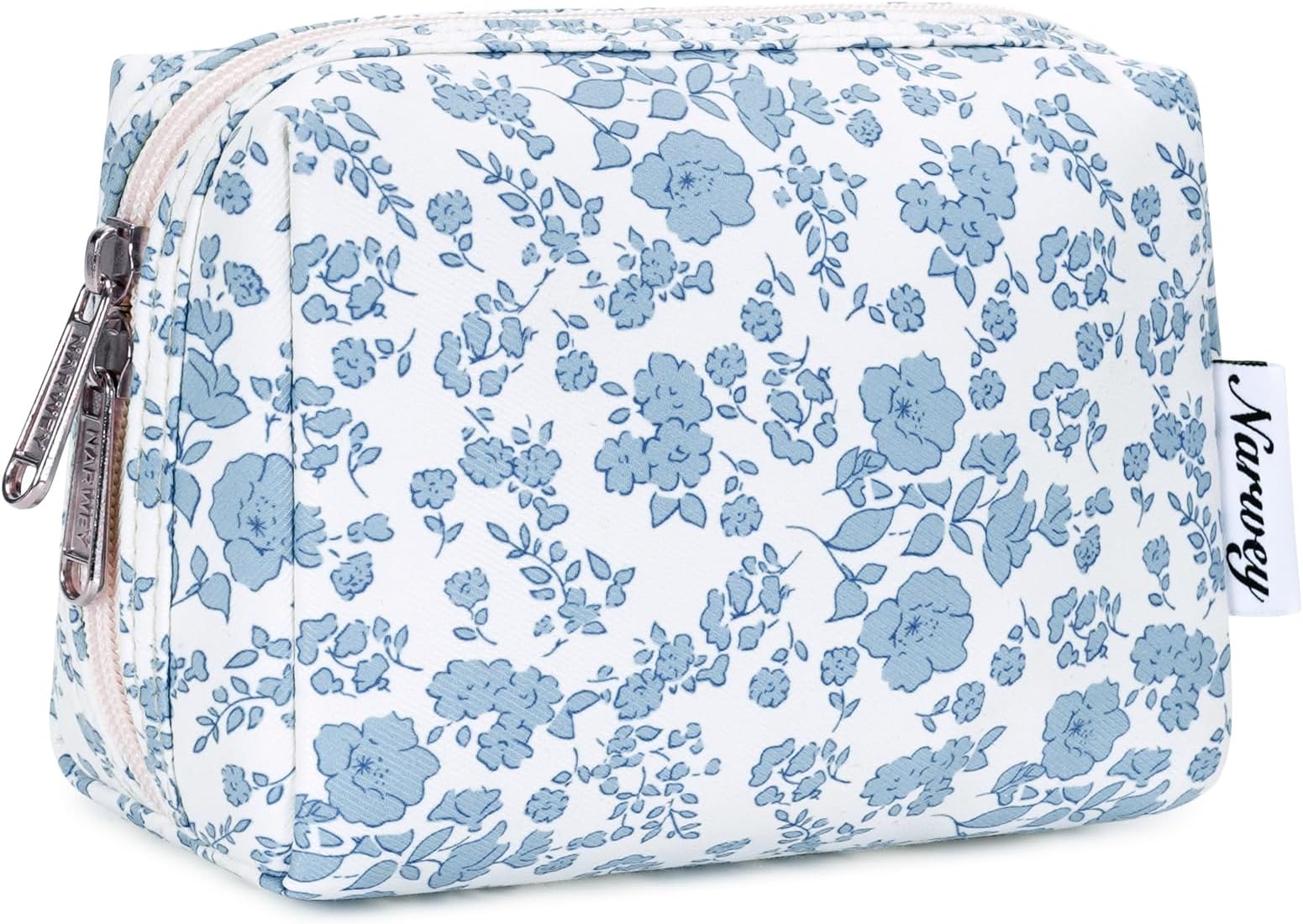 Large Makeup Bag Zipper Pouch Travel Cosmetic Organizer for Women and Girls, Little Blue Flower, Small