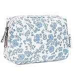 Narwey Small Cute Floral Makeup Bag for Purse Mini Cosmetic Bag Travel Makeup Pouch Zipper Pouch Cute Make up Bags with Compartments for Women Girls (Little Blue Flower, Small)