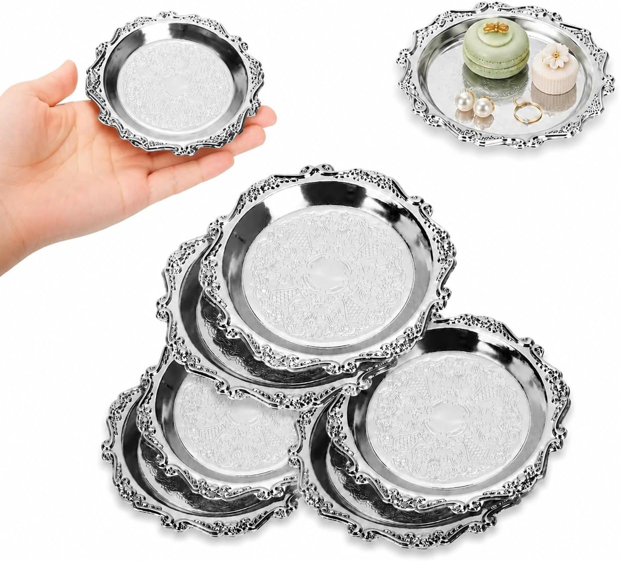 6PCS 3.93 Round Silver Tray, Vintage Metal Dessert Snack Serving Platter