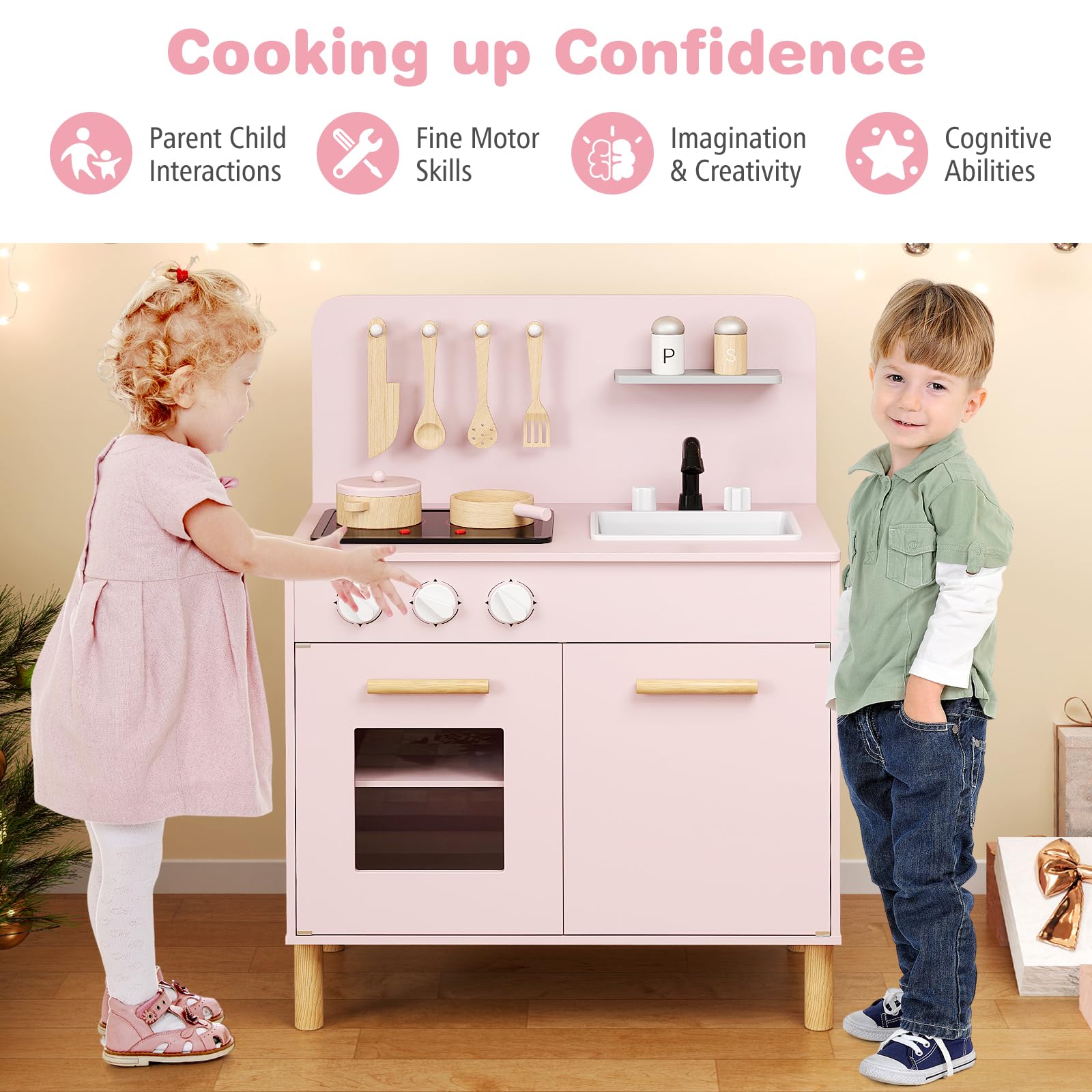 HOMASIS Cuisine pour Enfant en Bois, Ensemble de Cuisine avec Effets de Lumière et de Son Cuisinière, Évier, Étagères de Rangement, Four, Ustensiles pour Enfants de 3 Ans + (Rose)