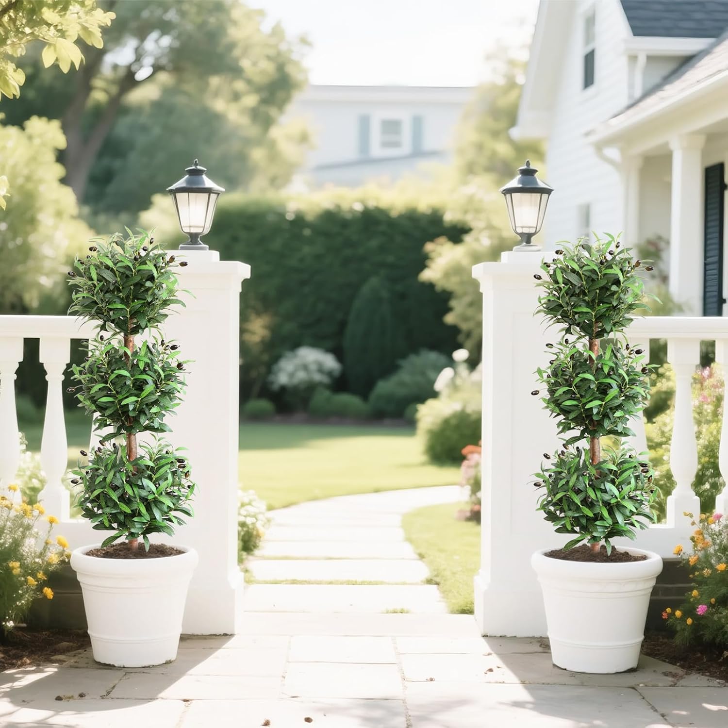 Artificial Olive Triple Ball Topiary Trees, 4FT Faux Olive Topiary Tree 2 Packs, 47 Inch Fake Potted Plants for Indoor Porch Decor