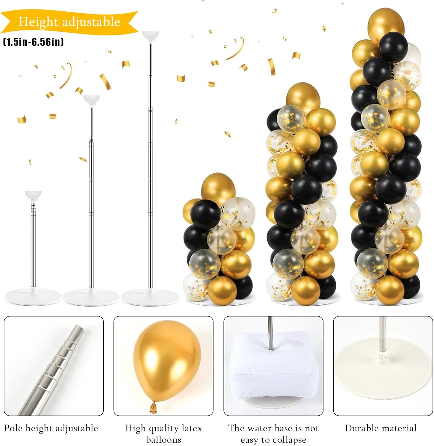 2 Sets Graduation Balloon Column Stand Kit with Congrats Grad Backdrop and 100 Black Gold Balloons Adjustable Balloon Tower Stand with Bases for Floor 2025 School Grad Birthday Party Decor