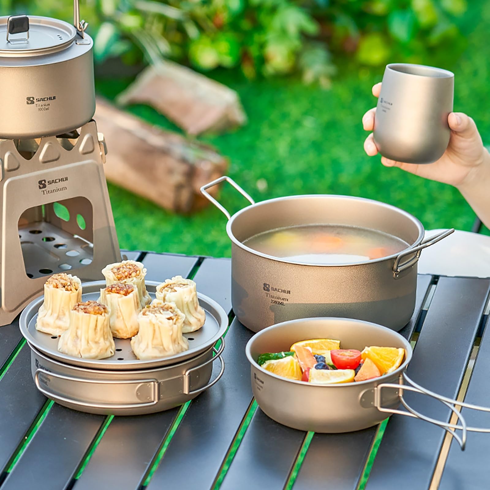 Cocina Camping de Titanio para Acampar, Camping Accesorios para Exteriores, Senderismo Accesorios, olla de Sopa Familiar de Gran Capacidad