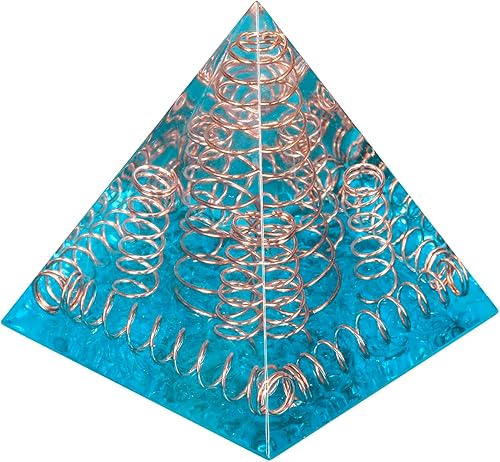 Rockcloud Estatuilla de piedra piramidal de orgón de alambre de cobre de cristal curativo generador de energía para meditación equilibrio Reiki, Azul