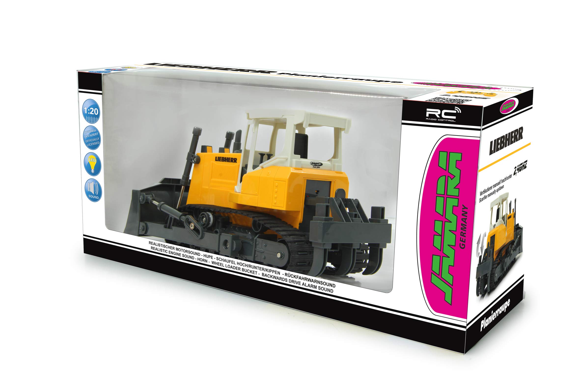 JAMARA 405057 - Planierraupe Liebherr 1:20 2,4GHz - programmierbare Funktionen, Realistischer Motorsound (abschaltbar), Schaufel Heben/senken/abkippen, Vertikutierer hoch/runter (manuell) Gelb