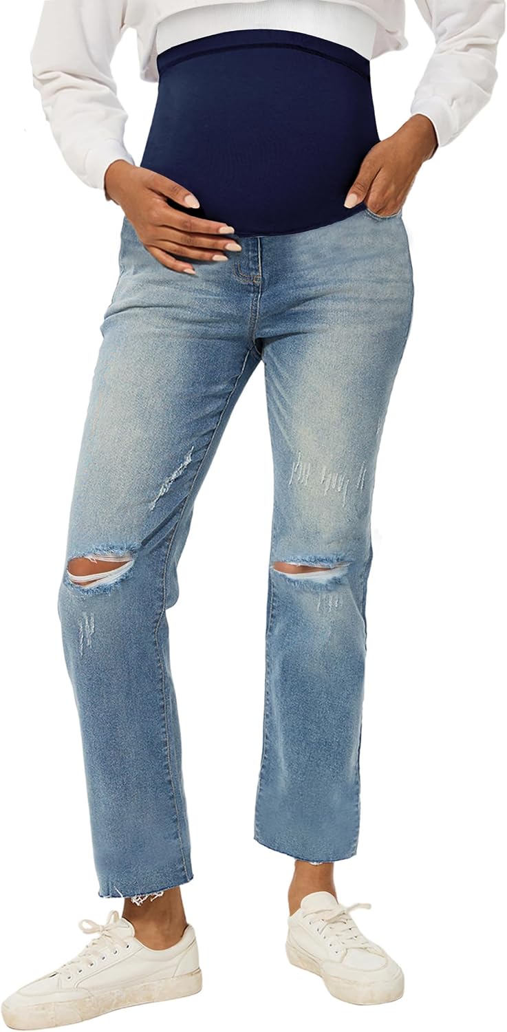 Peauty Maternity Ripped Jeans Frayed Hem Update Straight Leg Jeans Comfortable Stretch Over the Belly Support Pregnancy-Pants