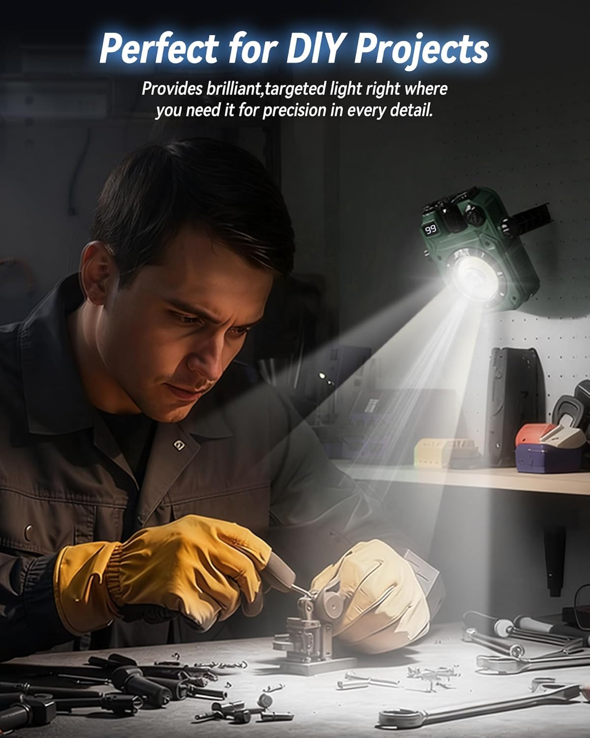 AGPTEK Magnetic Rechargeable LED Work Light with Digital Display, 32 Hours Long Lasting 5000mah Power with Knob Dimming, 5 Modes & 360° Rotatable for Car Repair, Job Site, Emergency (Green, 2 Pack)