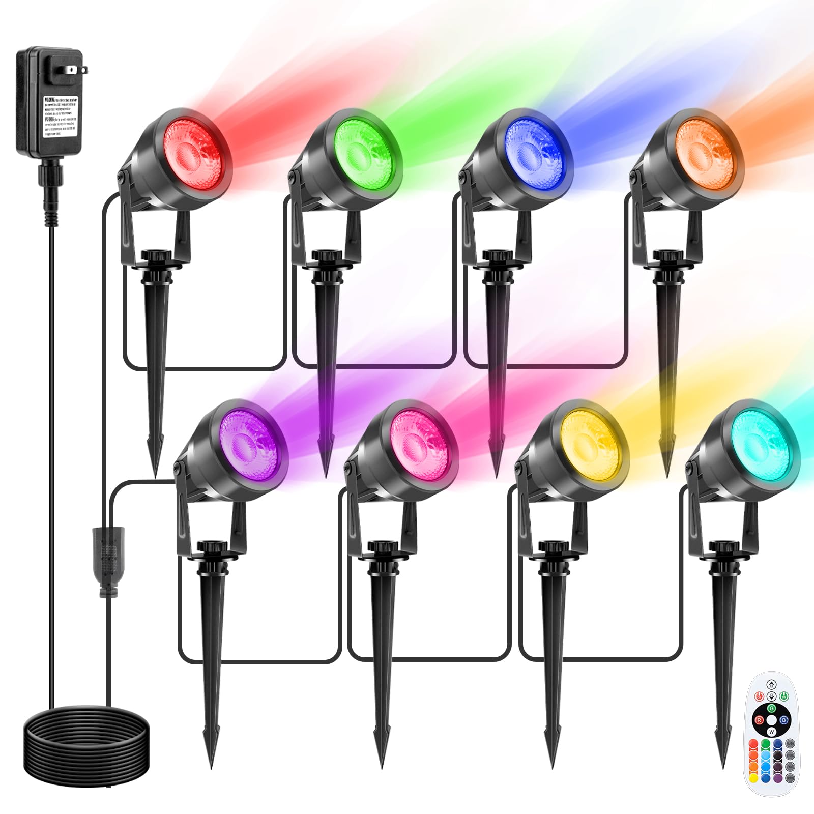 VOLISUNHalloween Landscape Color Changing Spotlights RGB with Transformer 7 Multicolored Hallween Outdoor Uplights Waterproof IP65 for Patio Gate Walkway Pool Garden Yard Driveway 8Pack