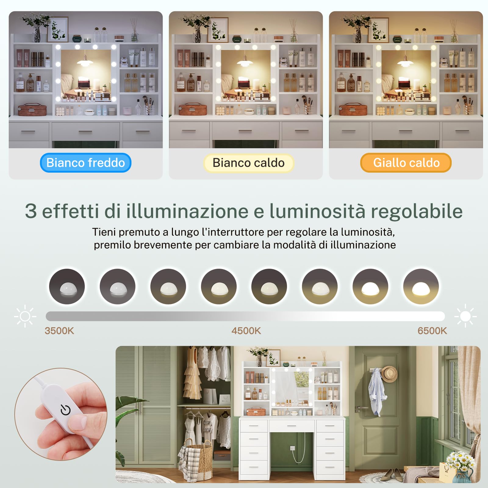 TEENFON Toeletta Trucco con Luci, Led Regolabili, 3 Colori Regolabili, Toletta con Grande Specchio,Presa,Bianco, 9 Cassetti e 6 Ripiani Aperti