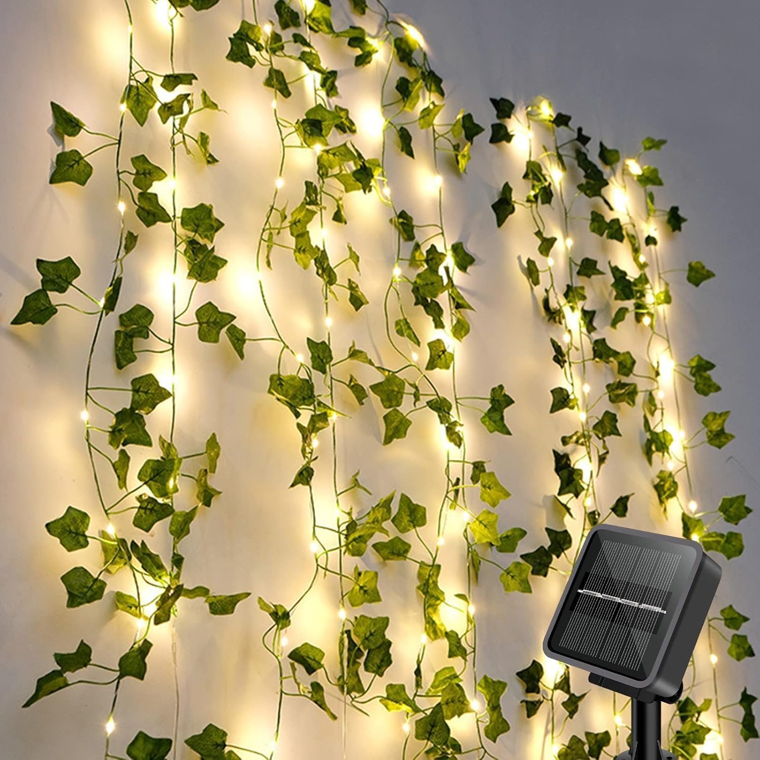 Guirnalda de luces solares impermeables para exteriores, guirnalda de luces solares para decoración de jardín, vides falsas de 33 pies con luces, 8 modos de luces artificiales para patio
