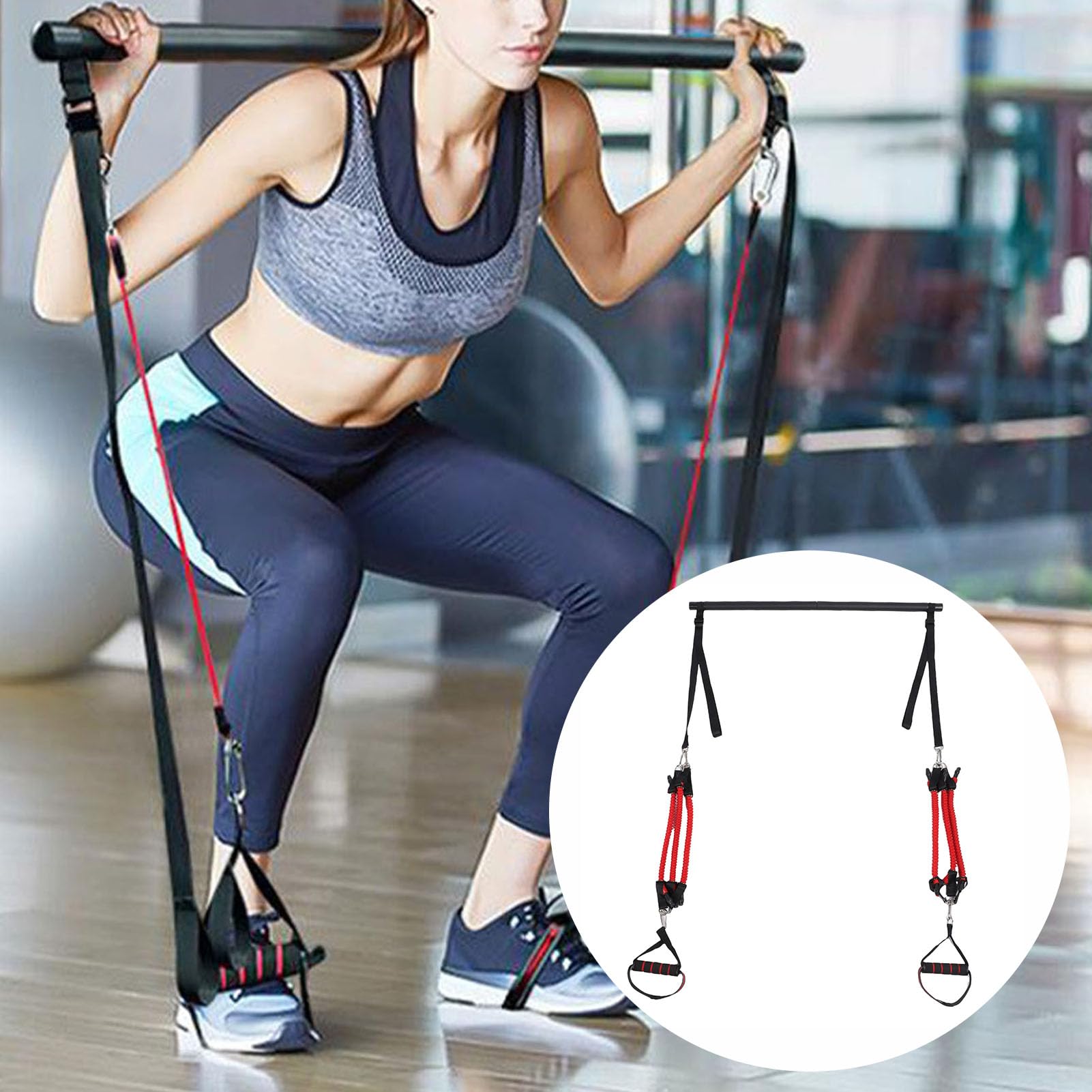 RiToEasysports Kit de Barra de Tonificación de Pilates Ajustable con Bandas Elásticas, Equipo de Entrenamiento de Cuerpo Completo para Gimnasio en Casa, Juego de Palos de Pilates Portátil para