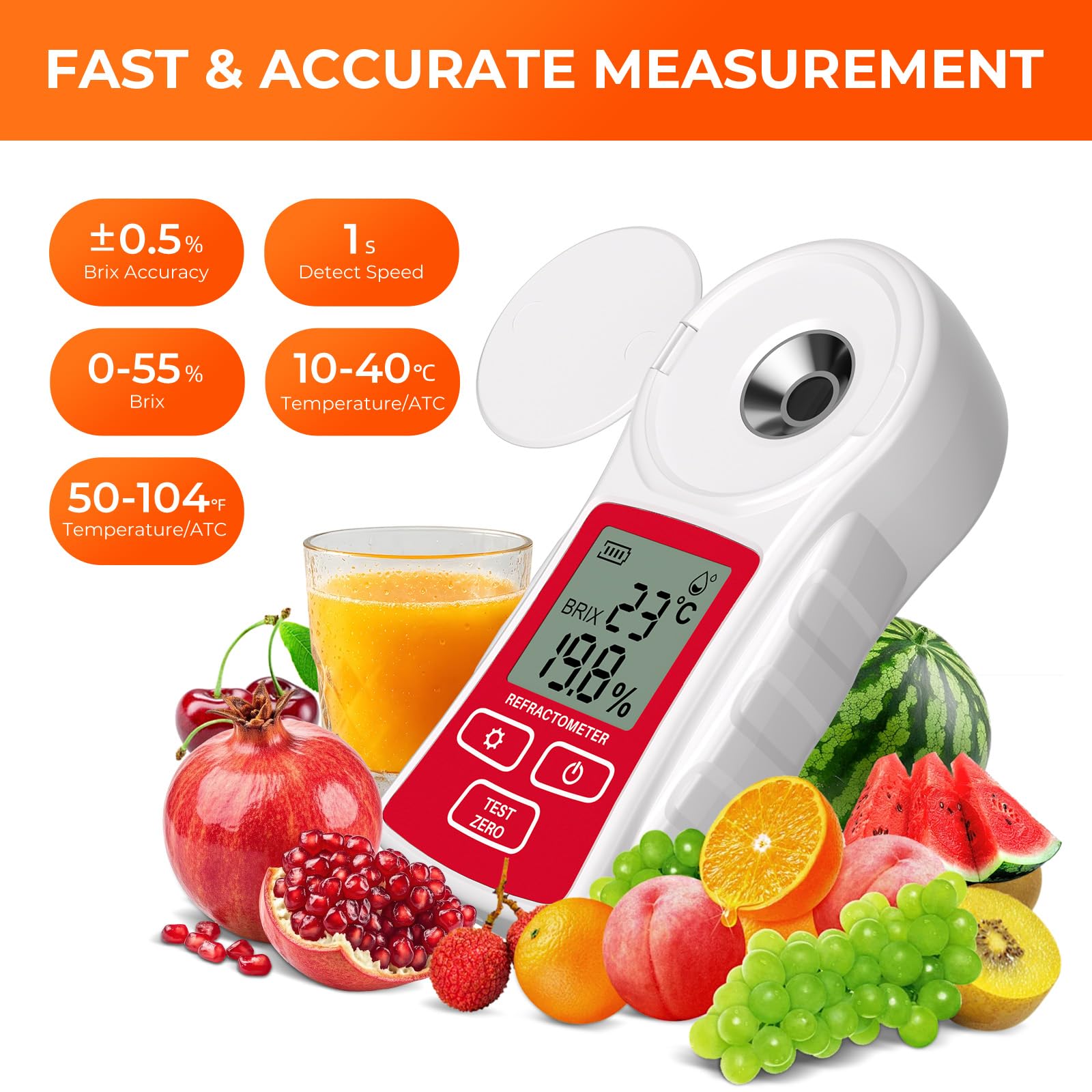 Refractómetro digital Brix con ATC, medidor Brix YOWEXA soporta calibración de interferencia antirreflejos de un solo toque, refractómetro de miel recargable para fruta/jugo/vino (0-55%, ±0.5%)