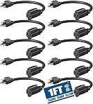 DEWENWILS paquet de 10 1 Cordon d'extension de pied, 16 AWG SJTW Câble d'alimentation résistant aux intempéries pour usage intérieur, 3 Prises de courant à la terre, NEMA 5-15P à NEMA 5-15R, Noël, Noir, UL Inscrit