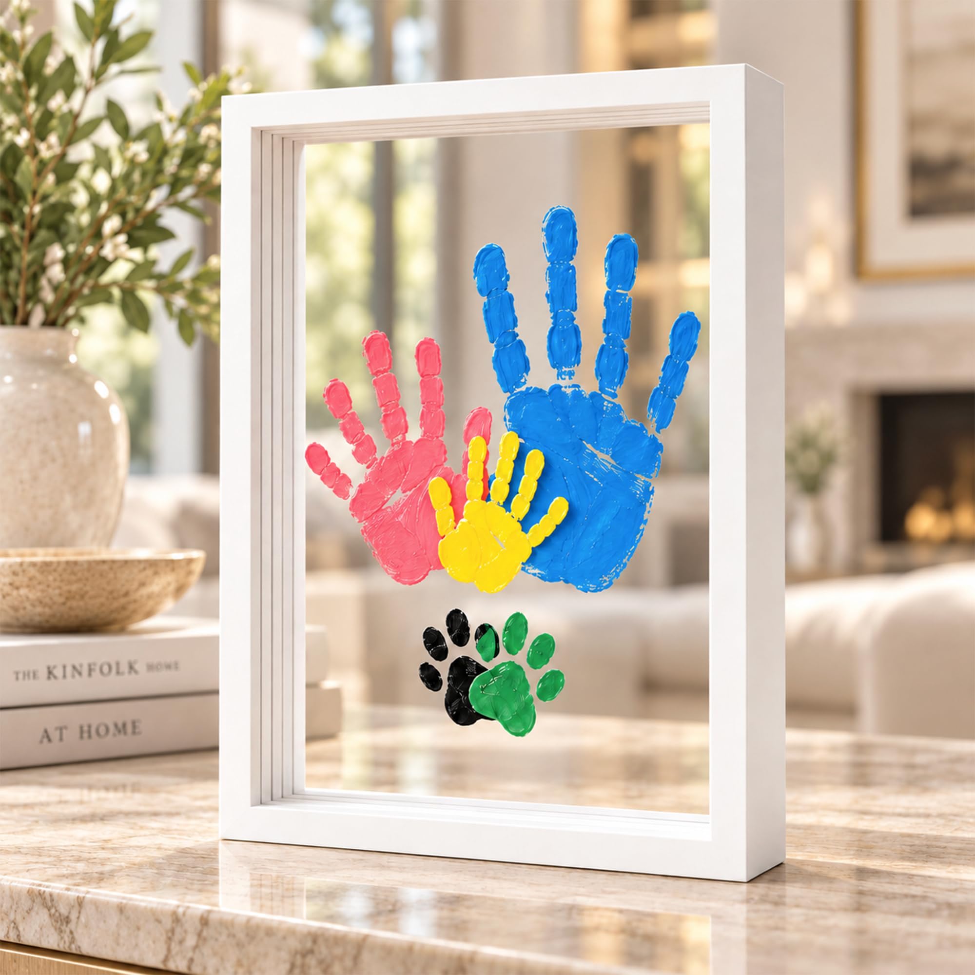 Kit per impronte di mani con luce, cornice in legno per impronte delle mani del bambino, regalo per la famiglia, con 5 vernici atossiche (bianco)