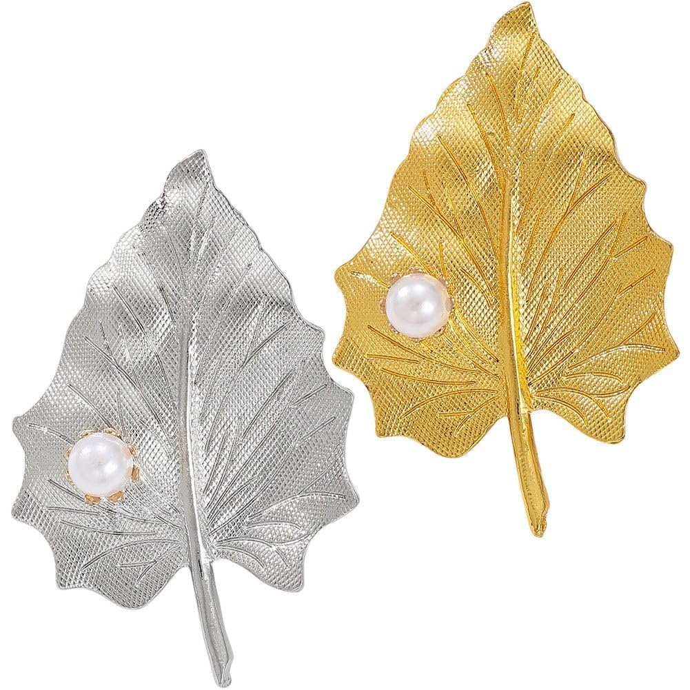 Sslvya 2 Pcs Pearl Leaf Brooch Pins for Women Men Elegant Lapel Pins for Suit Hat Dress Clothing Accessories Jewelry Gifts