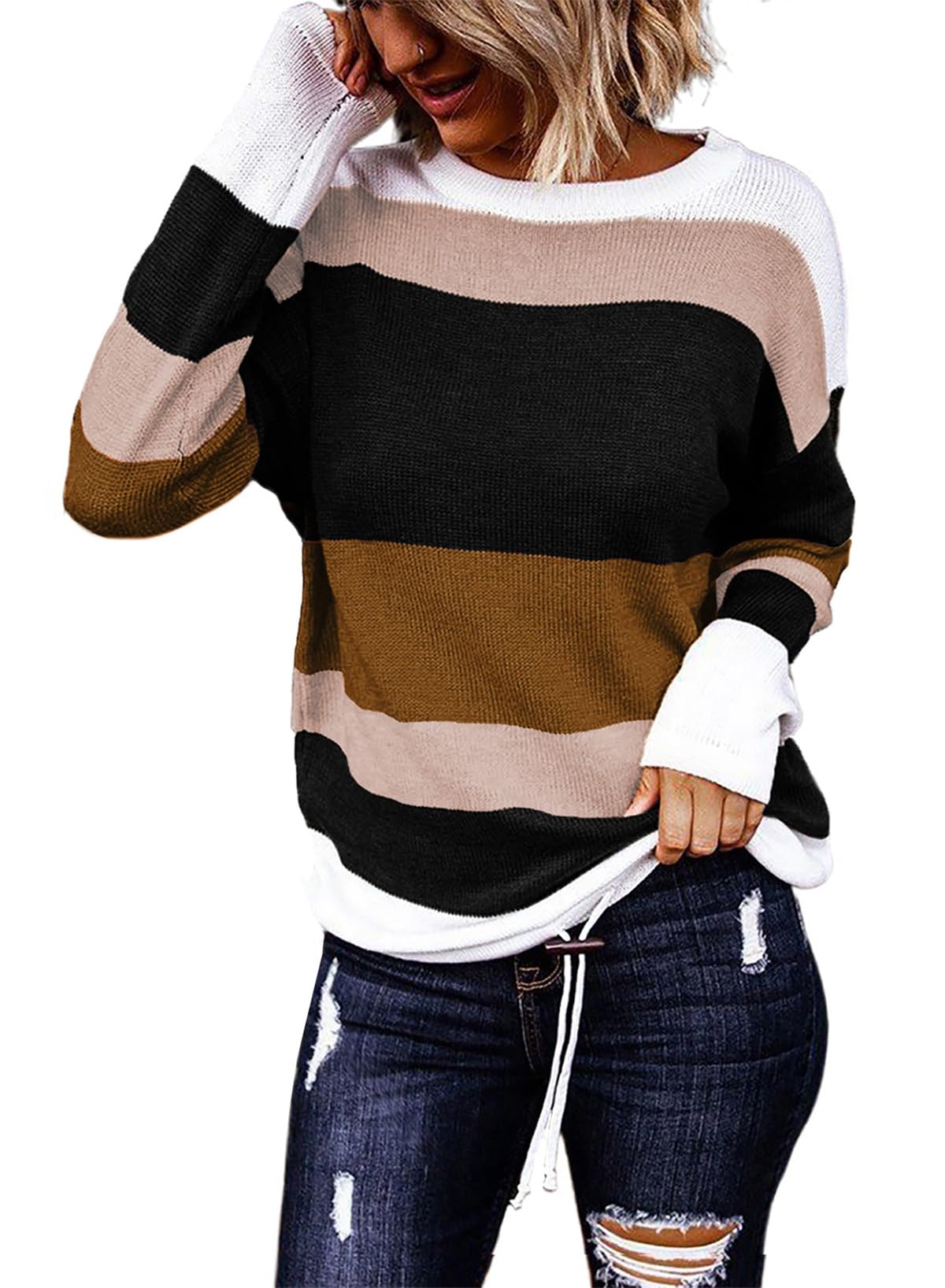 Dokotoo Womens Sweaters Striped Fall Winter Outfits Drawstring Color Block | Long Sleeve,Crewneck,Lightweight Fashion Clothing,Teachers Comfy Outfits,Business Casual Tops,Vacation Wear
