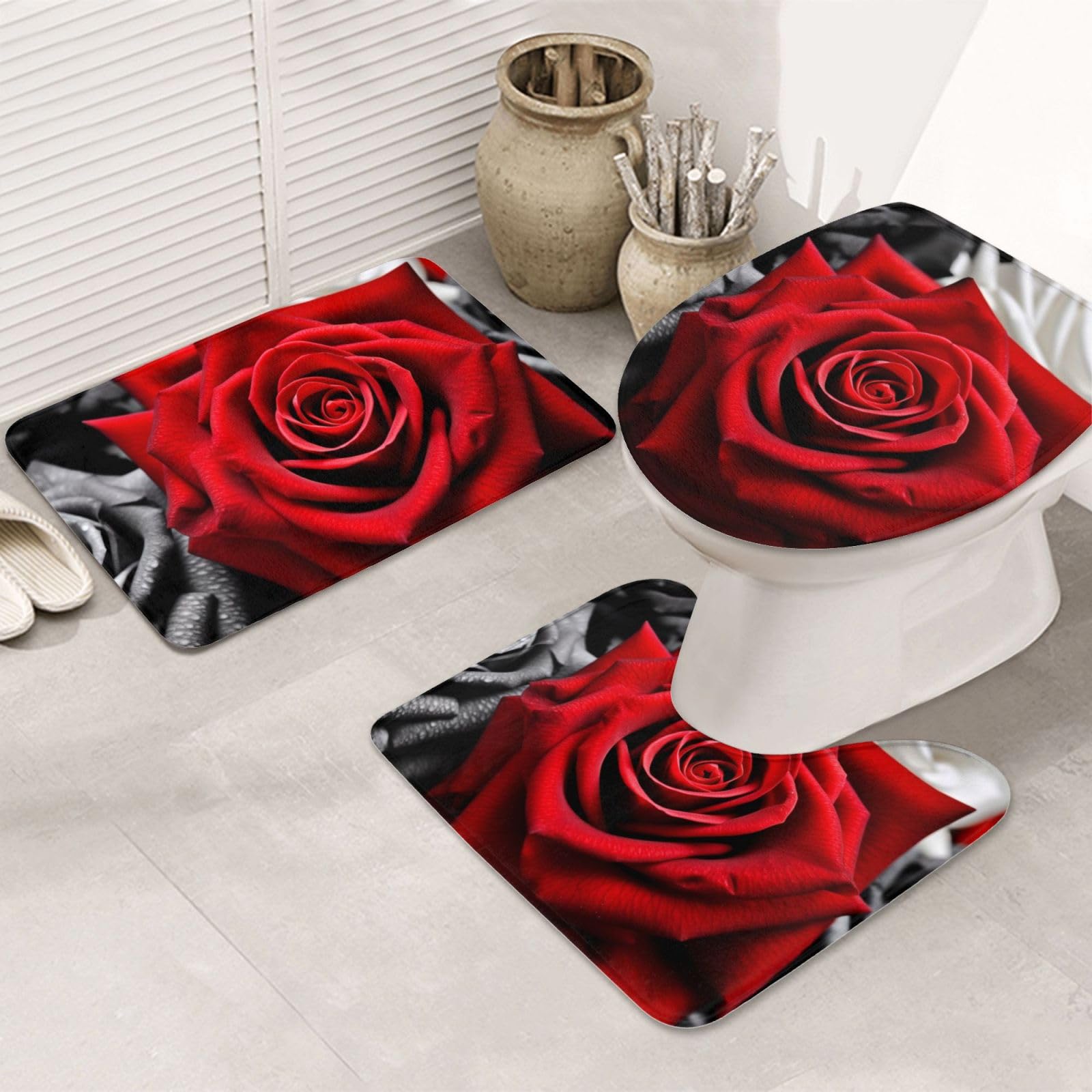 Tapis de salle de bain ensemble 3 pièces contour U couvercle WC microfibre absorbant