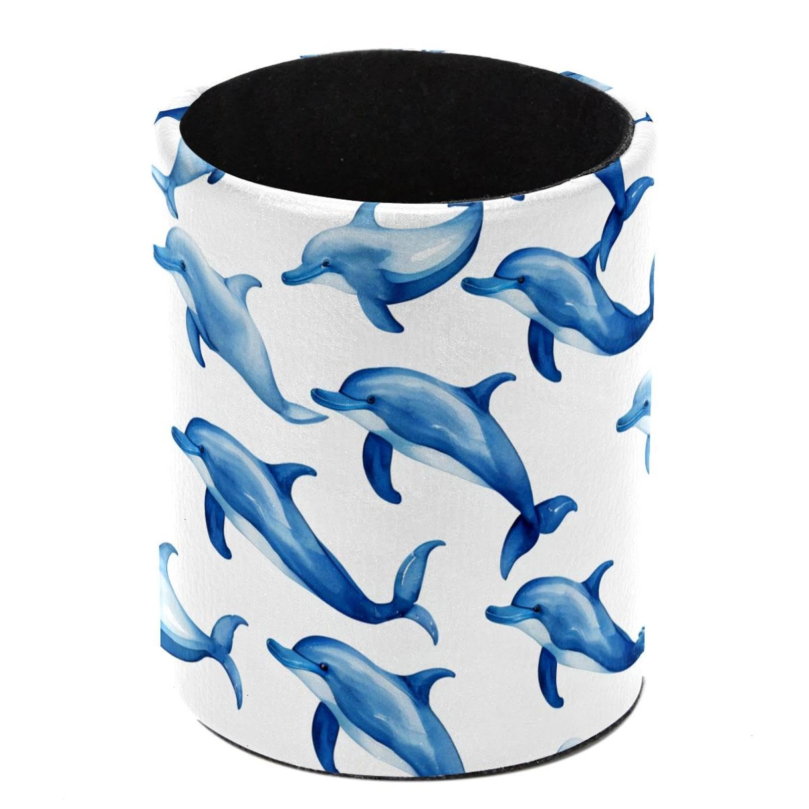 HEOEH Blue Dolphin Pen Holder for Desk, PU Leather Pencil Holder Pen Cup Marker Holder Makeup Brush Holders, Desk Accessories & Workspace Organizers for Home, Office